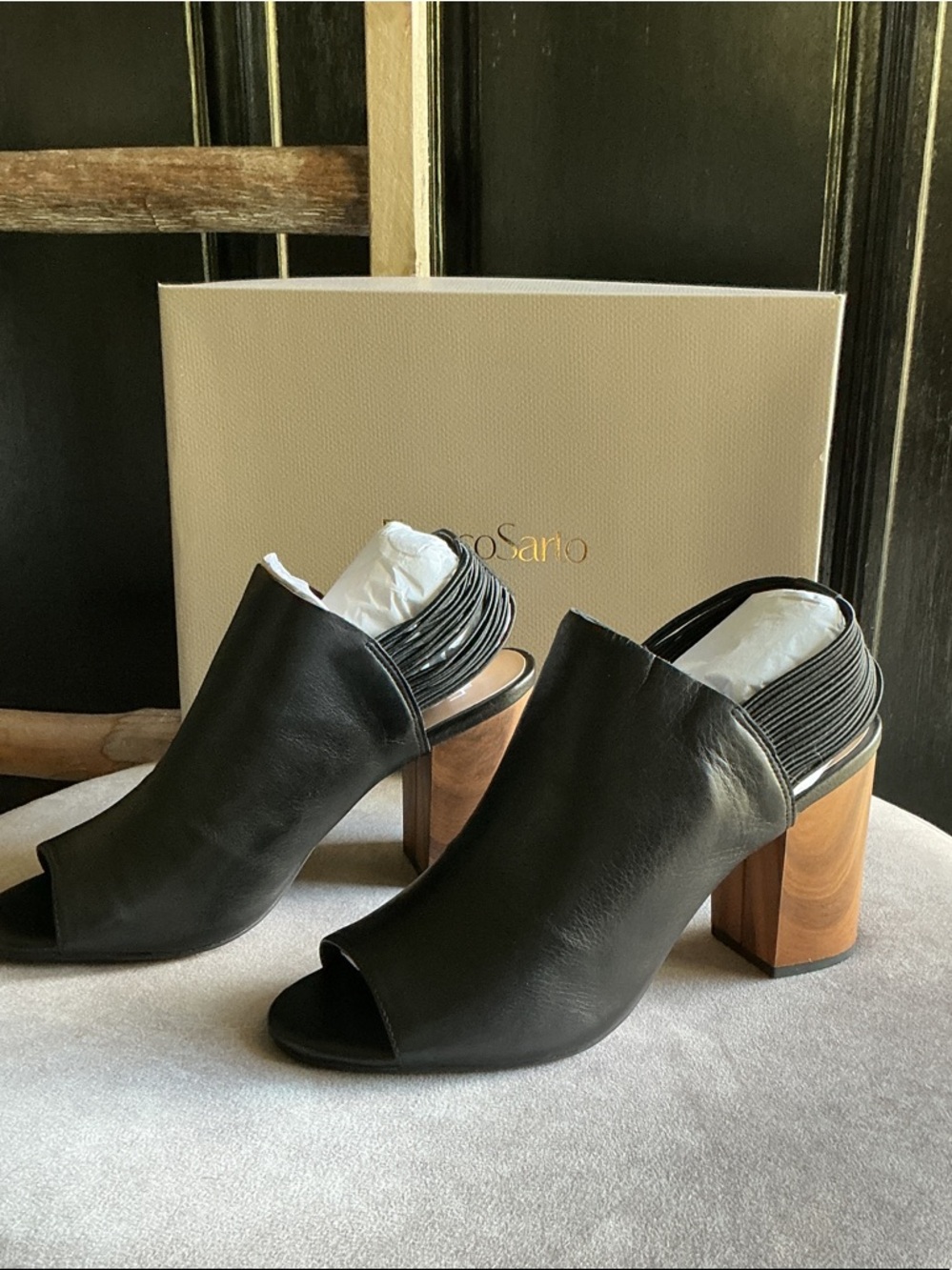 Franco Sarto Black Leather Open-Toe Mules with Wooden Block Heel